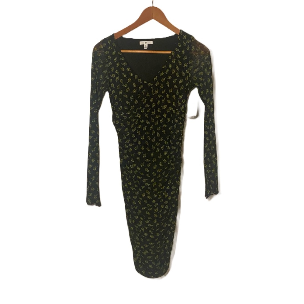 BP Black Floral Ruched Long Sleeve Bodycon Dress New with Tags